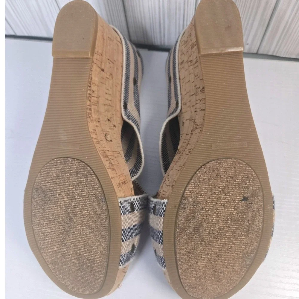 Lucky Brand LK-MILLER2 Striped Cork Wedge Sandals Blue‎ Beige Womens 8.5M